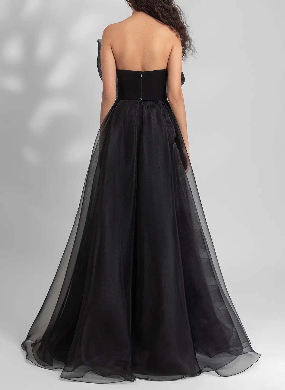 Stylish A-Line Strapless Bow Organza Black Floor-Length Prom Dress Ready To Ship