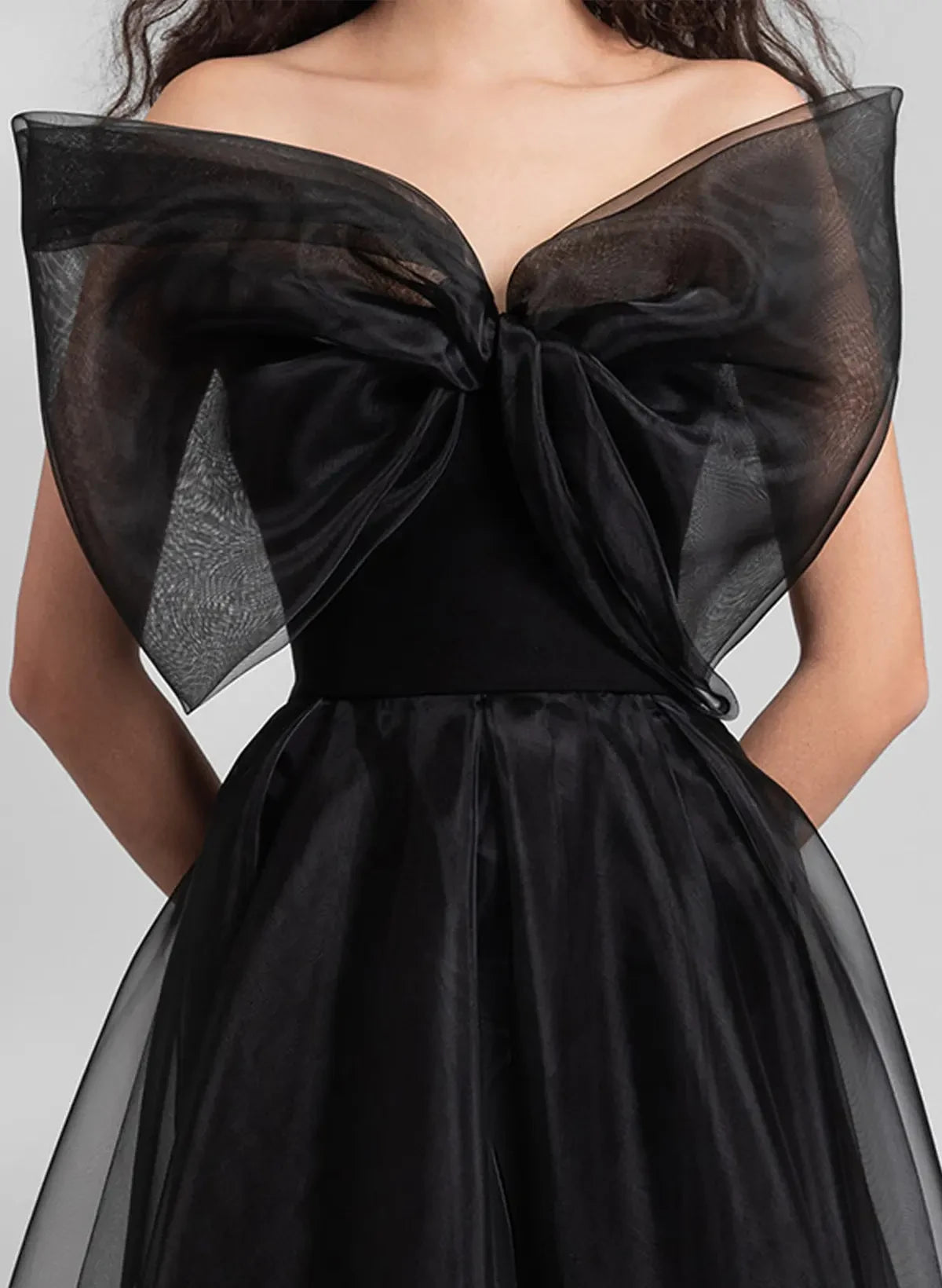 Stylish A-Line Strapless Bow Organza Black Floor-Length Prom Dress Ready To Ship