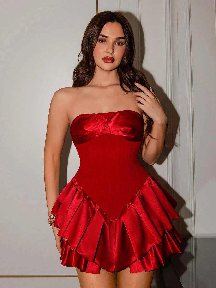 Stylish A-Line Strapless Corset Ruffled Tiered Satin Red Mini Homecoming Dress