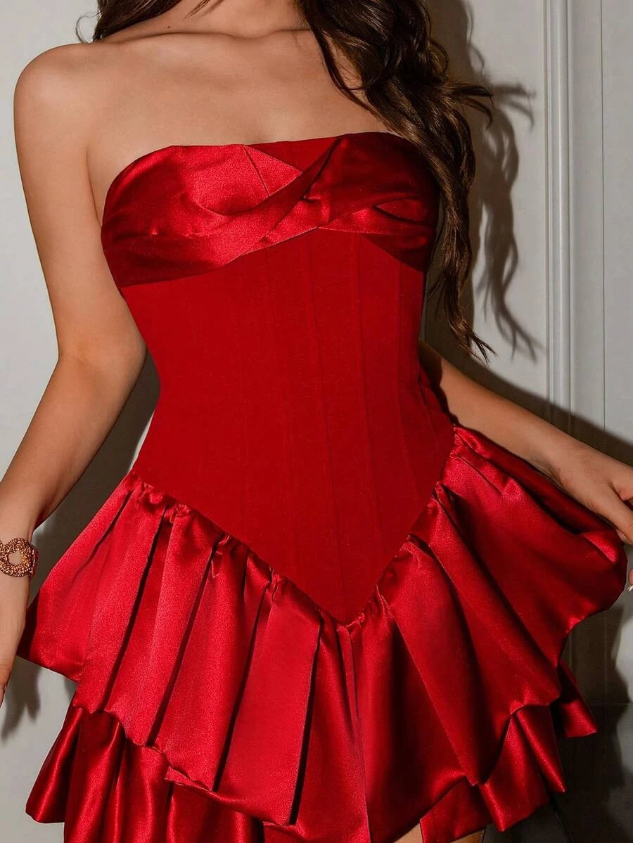Stylish A-Line Strapless Corset Ruffled Tiered Satin Red Mini Homecoming Dress