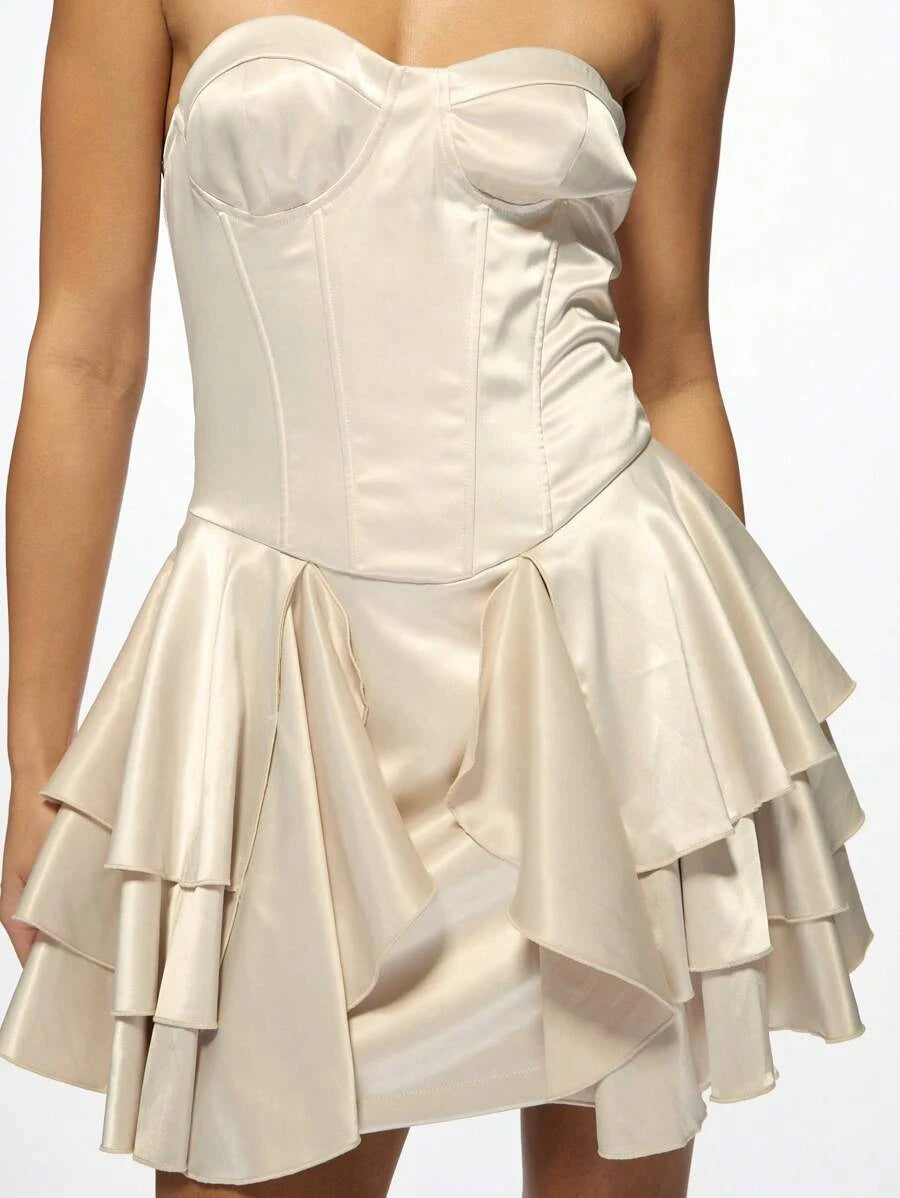 Stylish A-Line Strapless Tiered Ruffle Satin Champagne Mini Homecoming Dresses