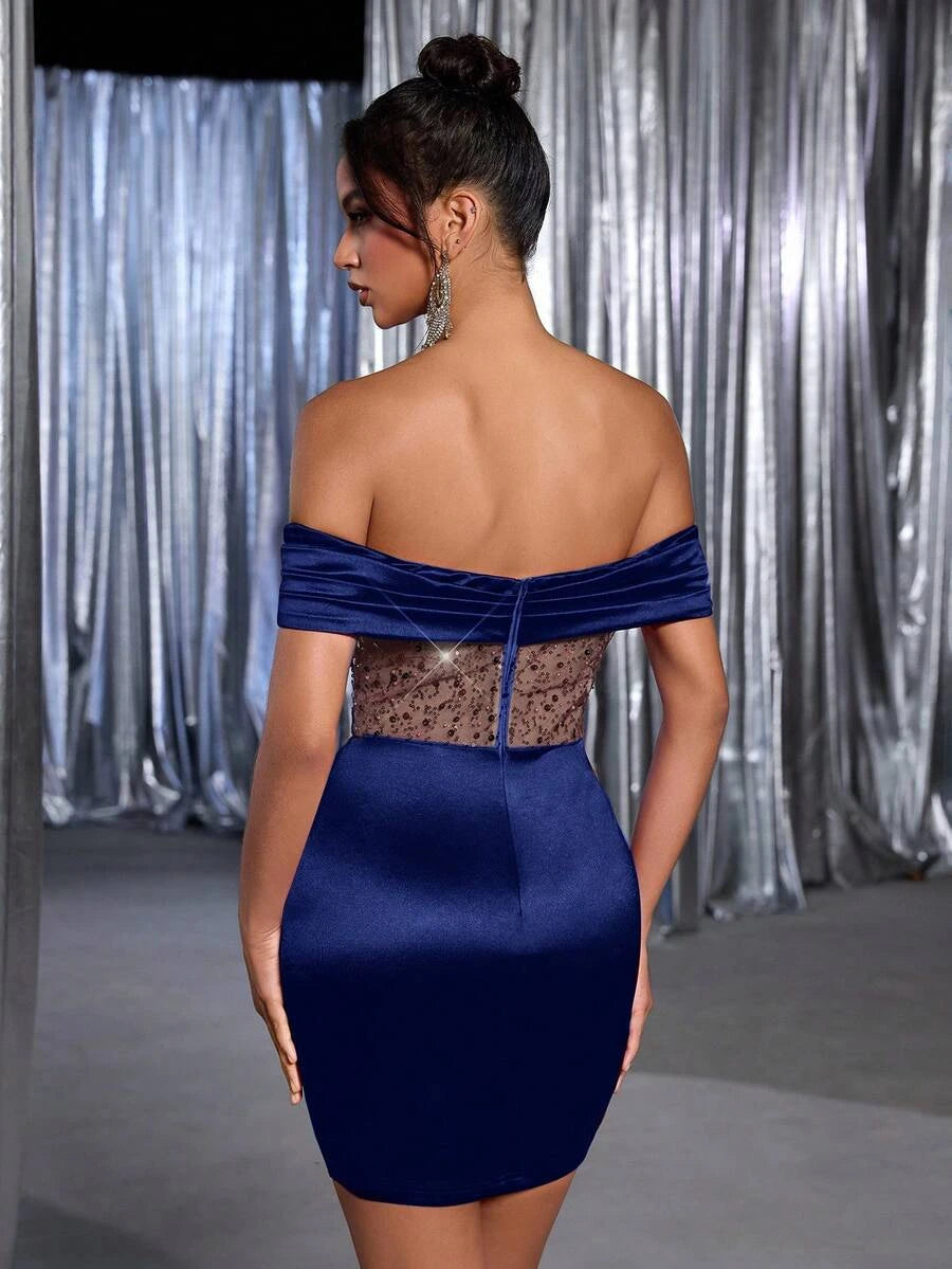 Stylish Bodycon Off-Shoulder Corset Satin Sequin Royal Blue Mini Homecoming Dress