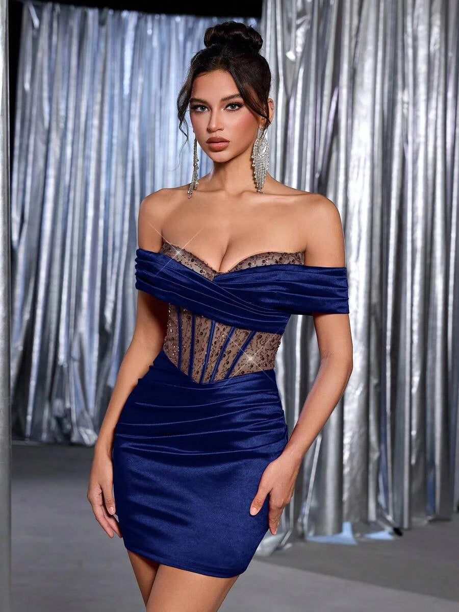 Stylish Bodycon Off-Shoulder Corset Satin Sequin Royal Blue Mini Homecoming Dress