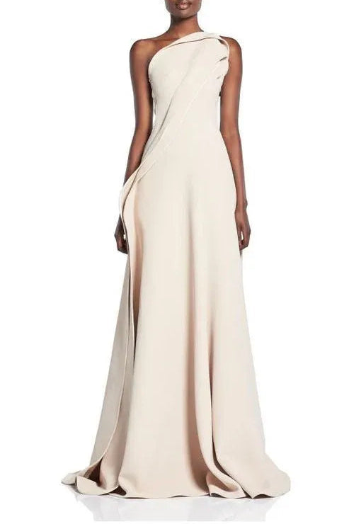 Stylish Champagne Ruffle Satin Mermaid One Shoulder Floor Length Party Dresses Prom Dress