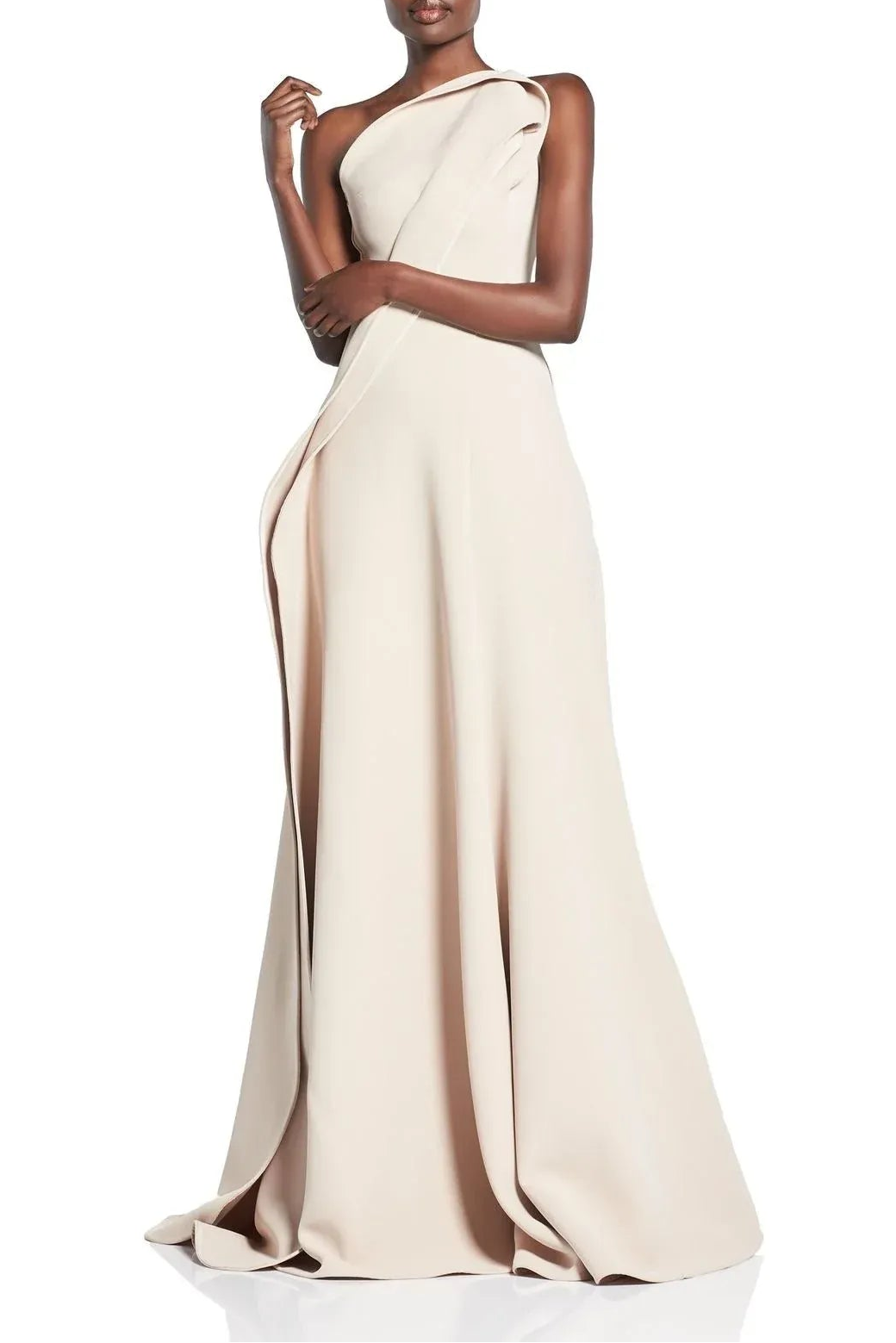 Stylish Champagne Ruffle Satin Mermaid One Shoulder Floor Length Party Dresses Prom Dress