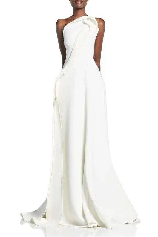 Stylish Champagne Ruffle Satin Mermaid One Shoulder Floor Length Party Dresses Prom Dress