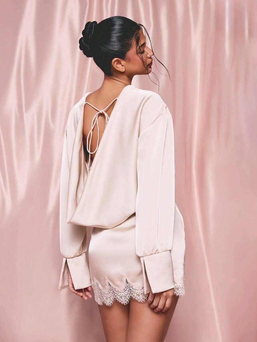 Stylish Cowl Neck Long Sleeve Backless Satin Champagne Mini Homecoming Dress