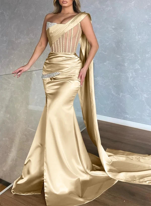 Stylish Mermaid One-Shoulder Corset Streamer Satin Champagne Gold Floor-Length Prom Dresses