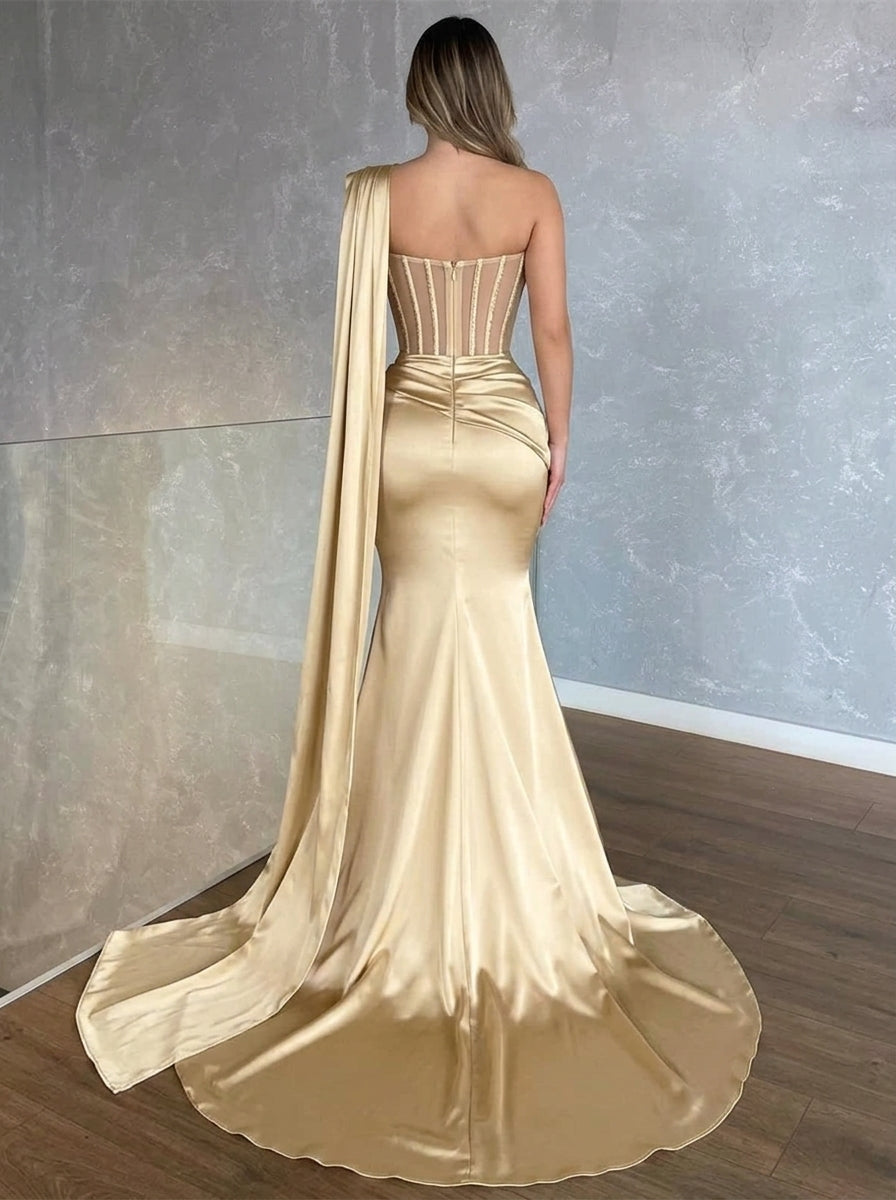 Stylish Mermaid One-Shoulder Corset Streamer Satin Champagne Gold Floor-Length Prom Dresses