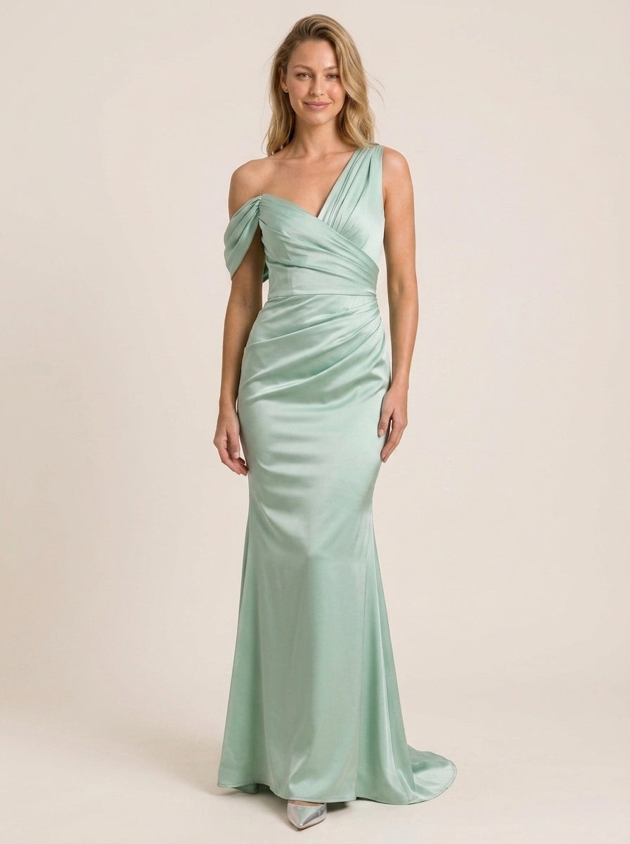 Stylish Mermaid One-Shoulder Draped Ruched Satin Mint Green Floor-Length Prom Dress