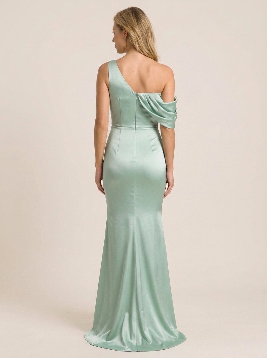 Stylish Mermaid One-Shoulder Draped Ruched Satin Mint Green Floor-Length Prom Dress