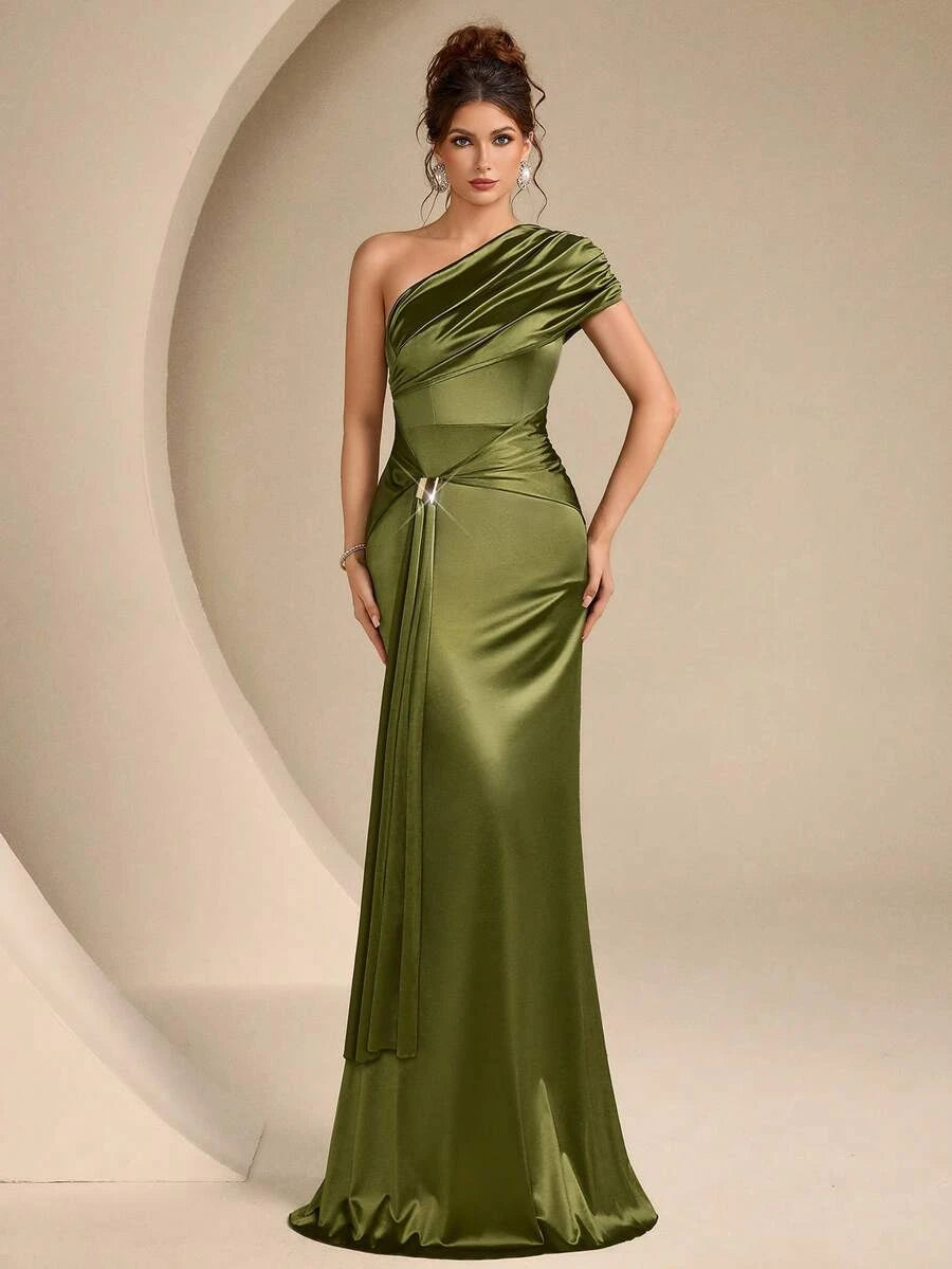 Stylish Mermaid One-Shoulder Ruched Draped Olive Green Floor-Length Prom Dress