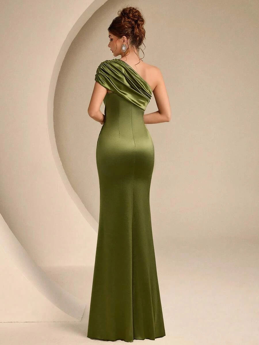 Stylish Mermaid One-Shoulder Ruched Draped Olive Green Floor-Length Prom Dress