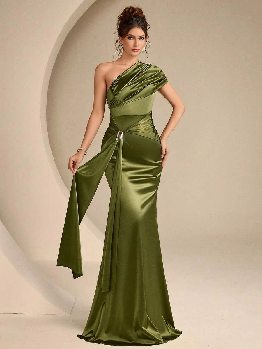 Stylish Mermaid One-Shoulder Ruched Draped Olive Green Floor-Length Prom Dress