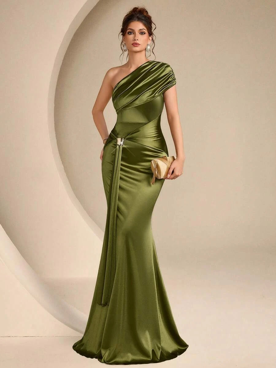 Stylish Mermaid One-Shoulder Ruched Draped Olive Green Floor-Length Prom Dress