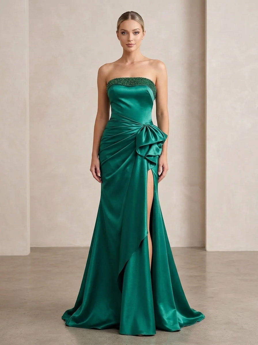 Stylish Mermaid Strapless Beaded Slit Satin Emerald Floor-Length Prom Dress