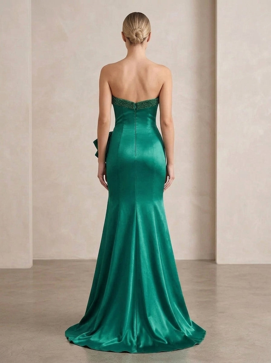 Stylish Mermaid Strapless Beaded Slit Satin Emerald Floor-Length Prom Dress