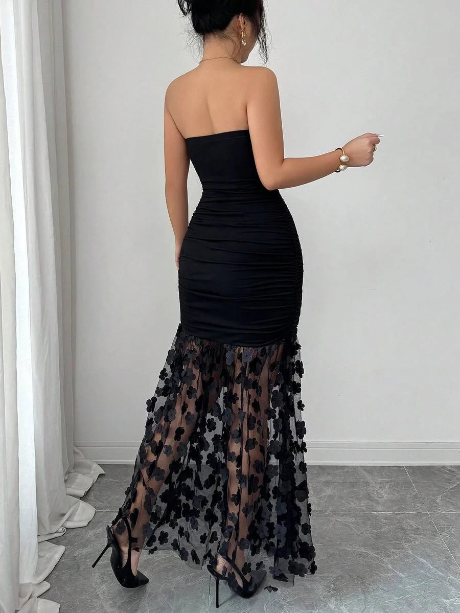 Stylish Mermaid Strapless Ruched Floral Mesh Black Maxi Prom Dress For Women