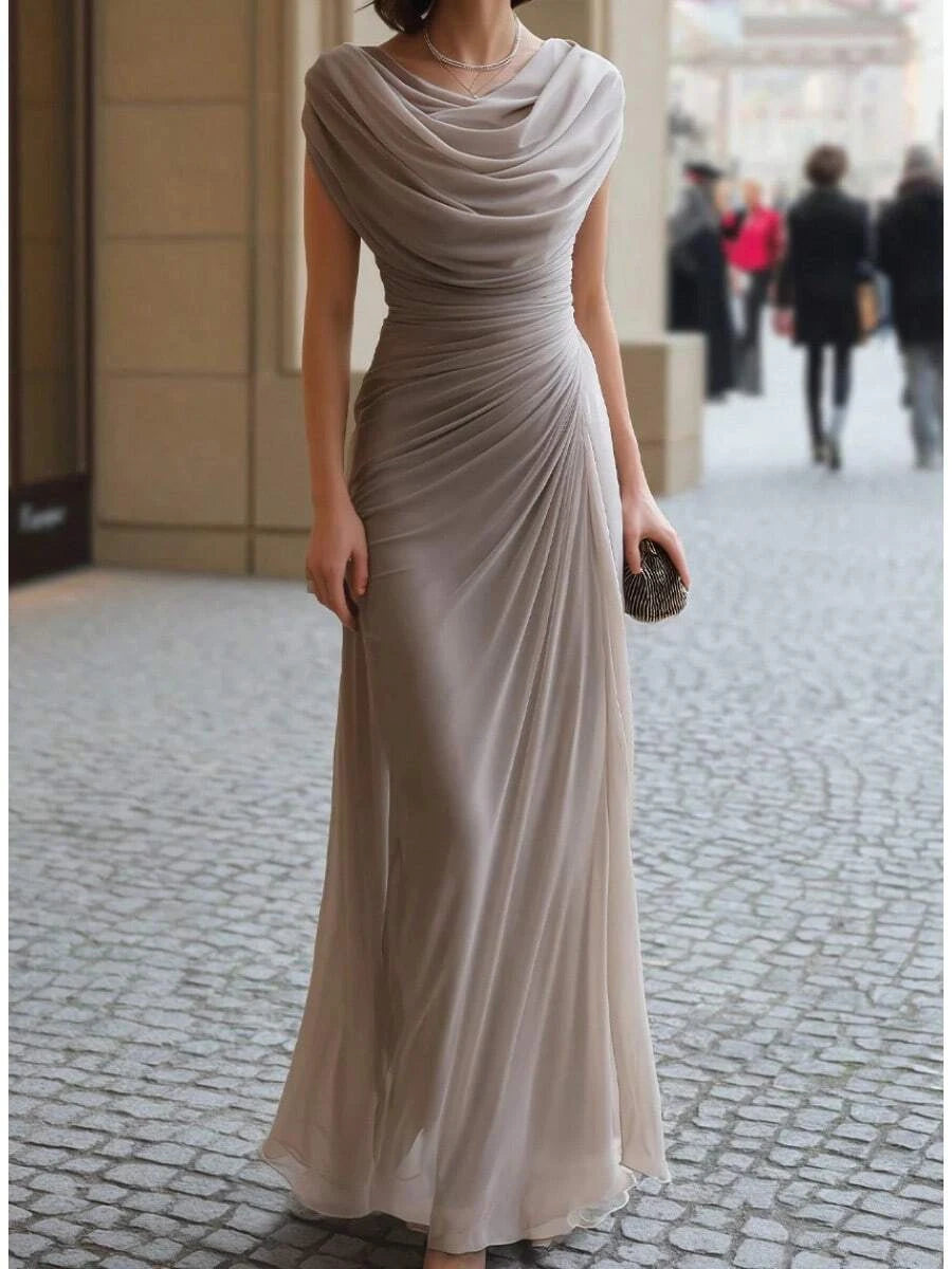 Stylish Sheath Cowl Neck Draped Ruched Taupe Floor-Length Prom Dress