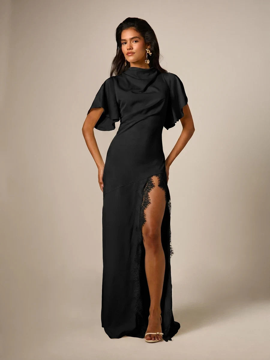 Stylish Sheath Cowl Neck Flutter Sleeve Lace Slit Satin Black Floor-Length Prom Dress