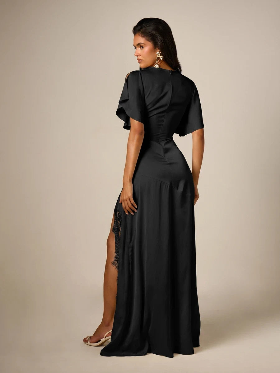 Stylish Sheath Cowl Neck Flutter Sleeve Lace Slit Satin Black Floor-Length Prom Dress