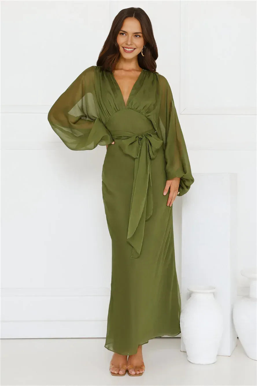 Stylish Sheath V-Neck Long Sleeves Graceful Olive Floor-Length Prom Dress With Scarf
