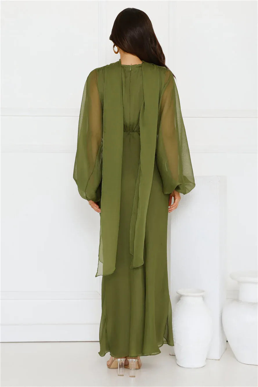 Stylish Sheath V-Neck Long Sleeves Graceful Olive Floor-Length Prom Dress With Scarf