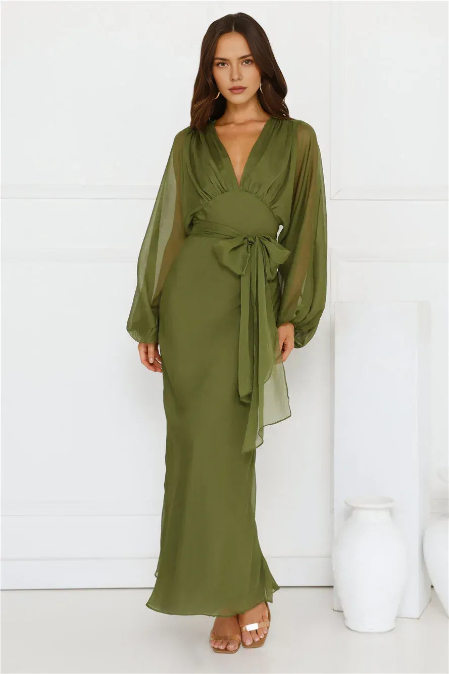 Stylish Sheath V-Neck Long Sleeves Graceful Olive Floor-Length Prom Dress With Scarf
