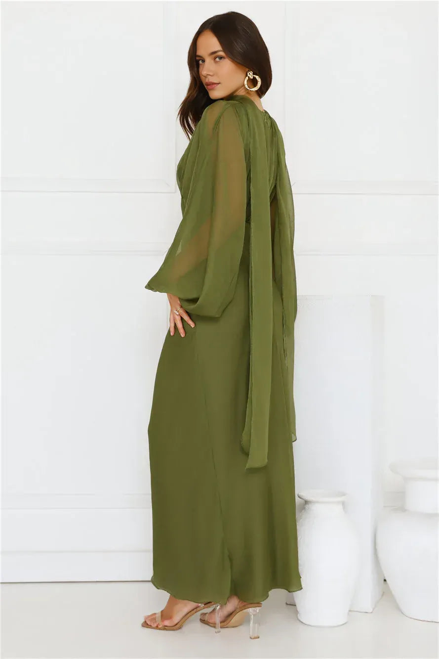 Stylish Sheath V-Neck Long Sleeves Graceful Olive Floor-Length Prom Dress With Scarf