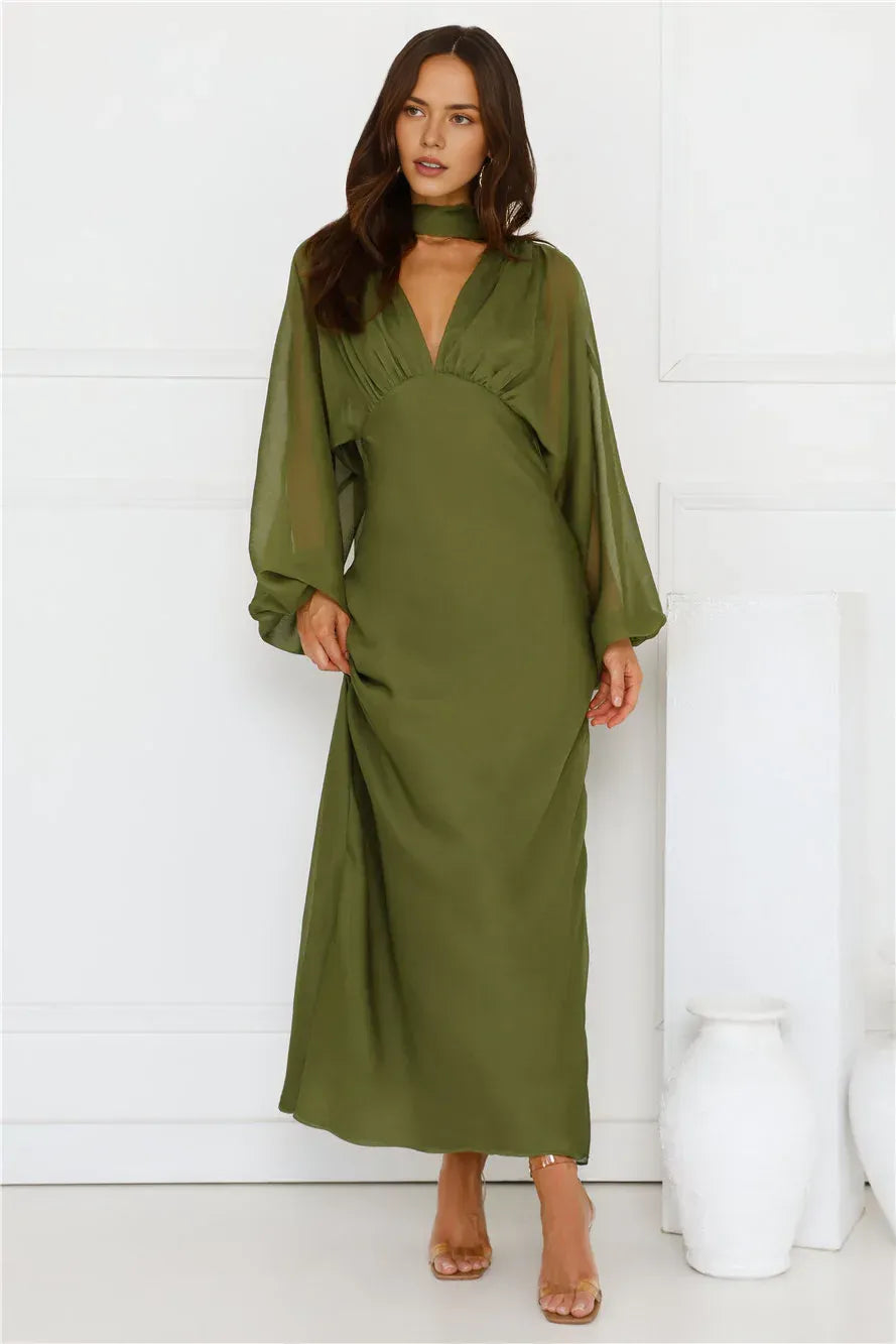 Stylish Sheath V-Neck Long Sleeves Graceful Olive Floor-Length Prom Dress With Scarf
