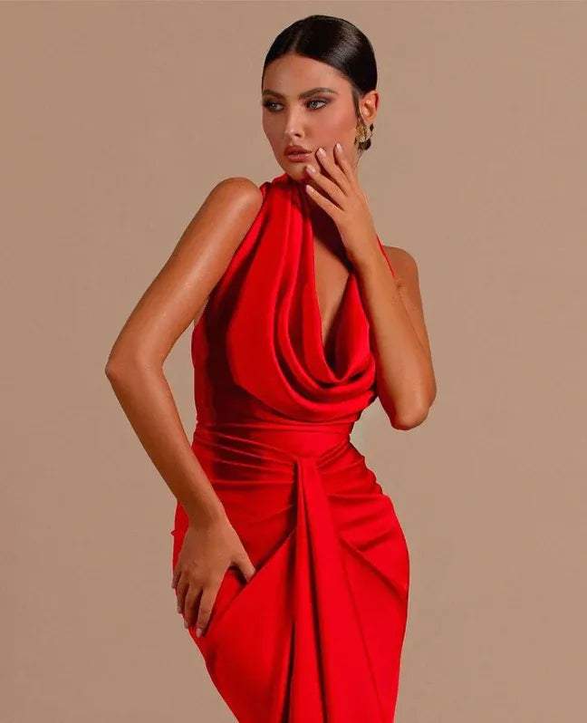 Stylishly Mermaid Halter Draped Ruched Backless Satin Red Prom Dress With Back Slit
