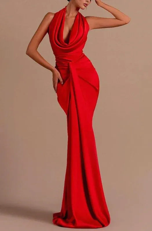 Stylishly Mermaid Halter Draped Ruched Backless Satin Red Prom Dress With Back Slit