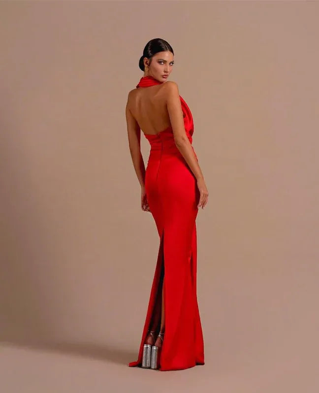 Stylishly Mermaid Halter Draped Ruched Backless Satin Red Prom Dress With Back Slit
