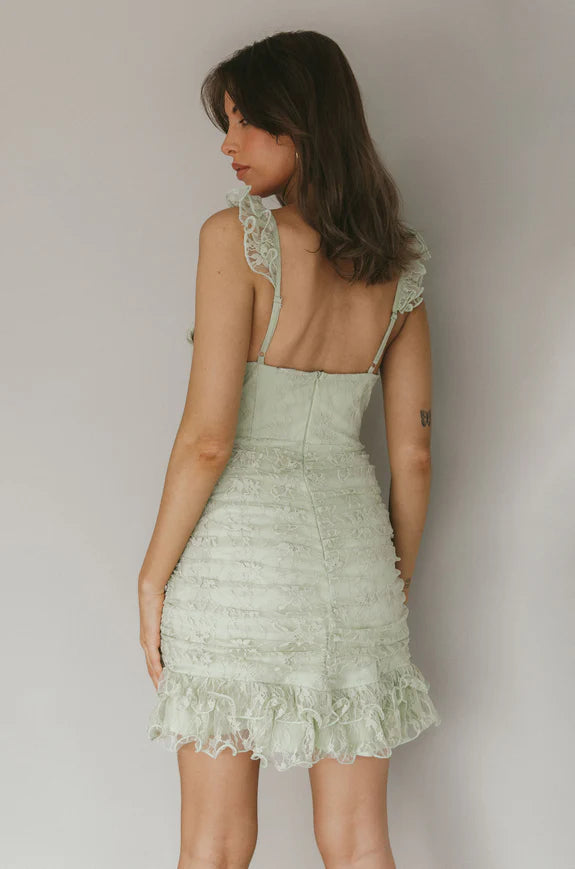 Surplice Neck Ruched Side Layered Frill Hem Lace White Mini Homecoming Dress
