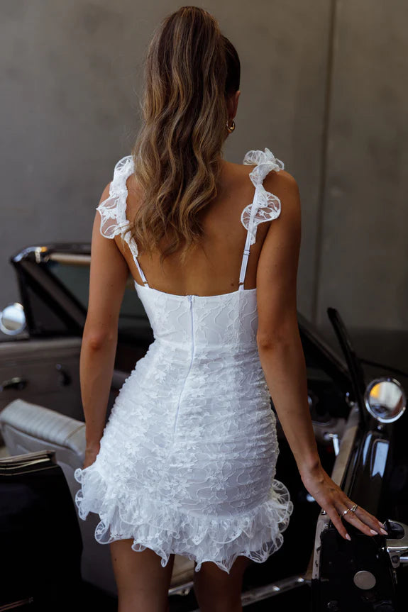 Surplice Neck Ruched Side Layered Frill Hem Lace White Mini Homecoming Dress