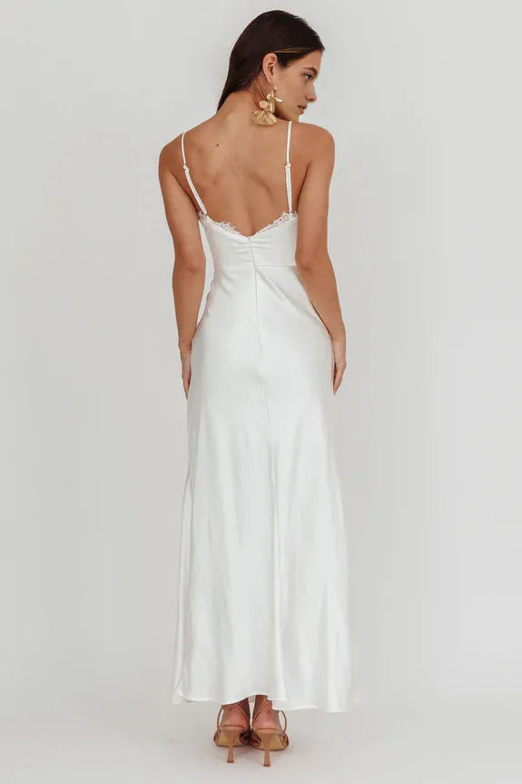Surplice Neckline Spaghetti Straps Off White Maxi Homecoming Dress Prom Dress