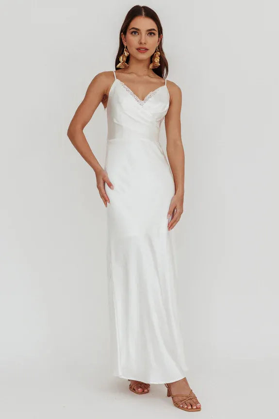 Surplice Neckline Spaghetti Straps Off White Maxi Homecoming Dress Prom Dress