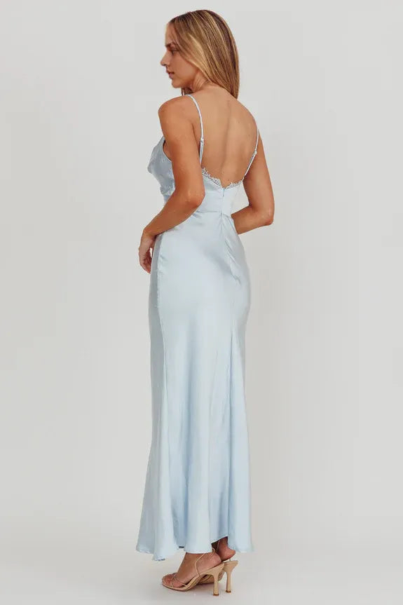 Surplice Neckline Spaghetti Straps Steel Blue Maxi Homecoming Dress Prom Dress