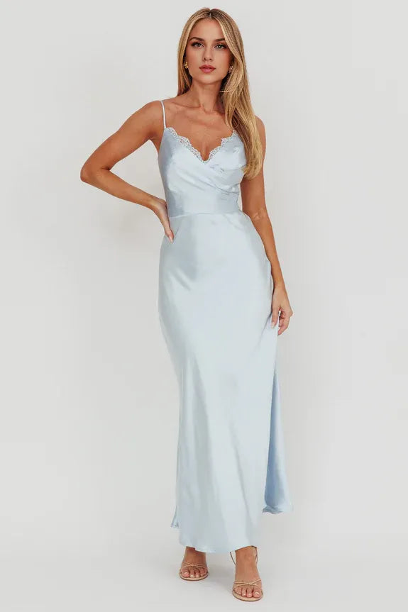 Surplice Neckline Spaghetti Straps Steel Blue Maxi Homecoming Dress Prom Dress