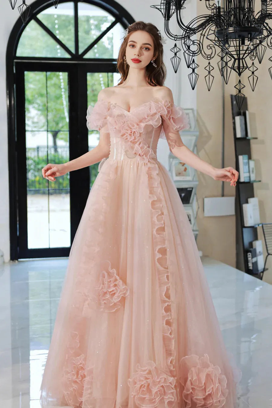 Sweet A-Line Off the Shoulder Ruffle Sequins Tulle Pink Long Prom Dress With Beaded