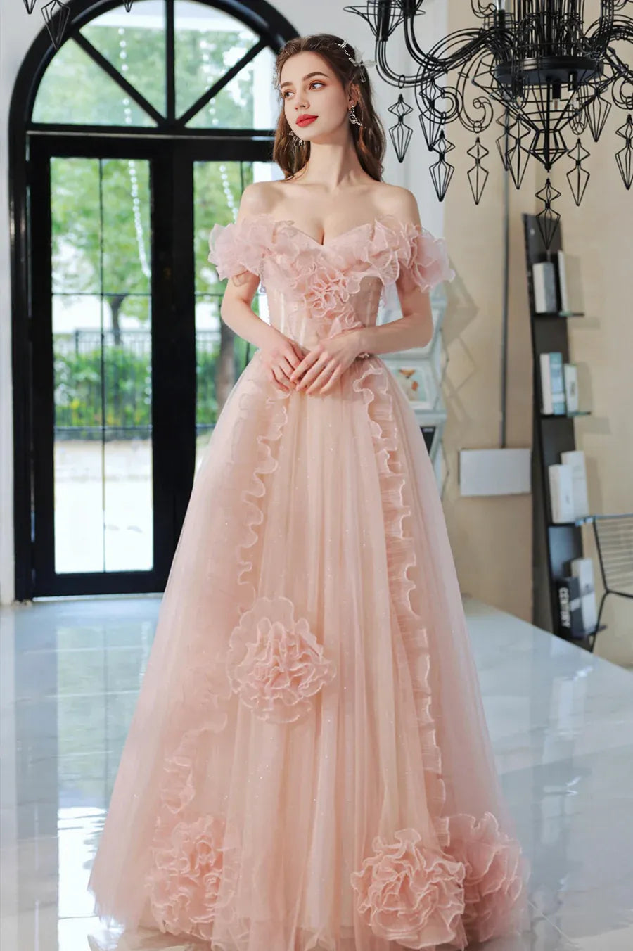 Sweet A-Line Off the Shoulder Ruffle Sequins Tulle Pink Long Prom Dress With Beaded