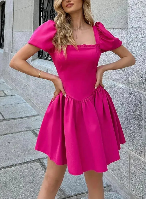 Sweet A-Line Square Neck Puff-Sleeve Backless Hot-Pink Mini Homecoming Dress
