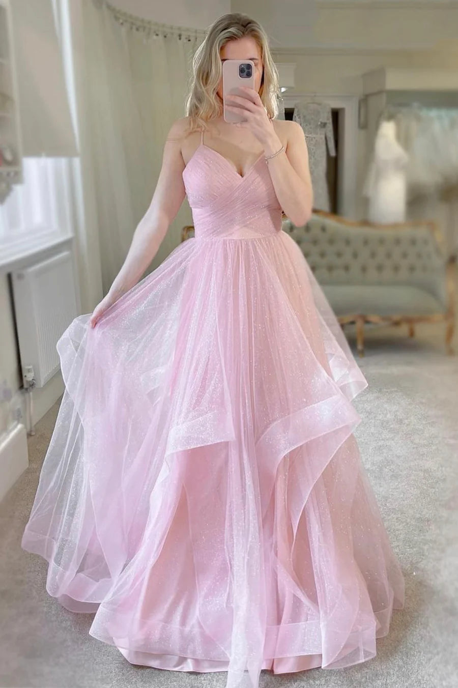 Sweet A-Line V Neck Spaghetti Straps Tiered Tulle Pink Long Prom Dresses