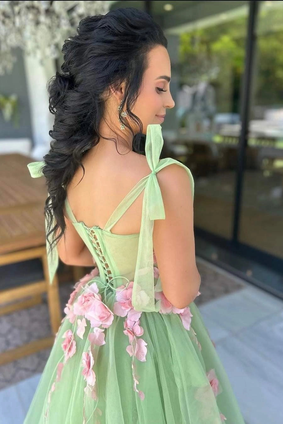 Sweet Green Tulle With Appliques Sweetheart Neck A-Line Straps Sleeveless Long Prom Dress