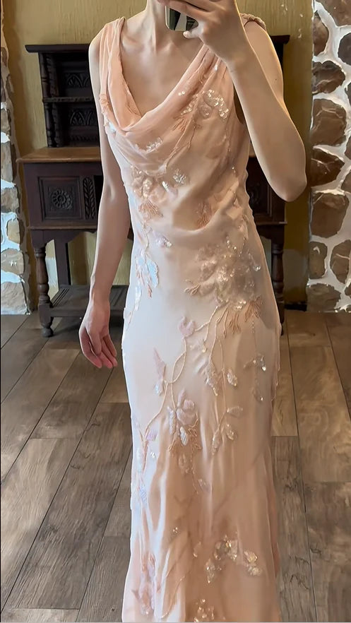 Sweet Pink Chiffon Sparkling Sequins With Applique Draped Neck Prom Dress Pink Homecoming Dresses