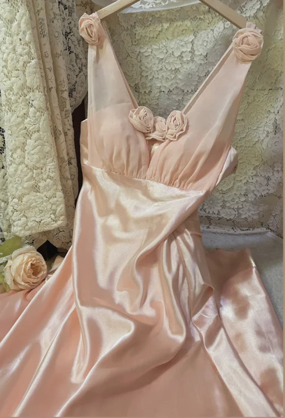 Sweet Pink Satin 3D Rose V-Neck Ruffles Long Evening Dress Prom Dress With Sweep Train