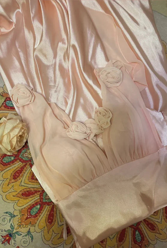 Sweet Pink Satin 3D Rose V-Neck Ruffles Long Evening Dress Prom Dress With Sweep Train