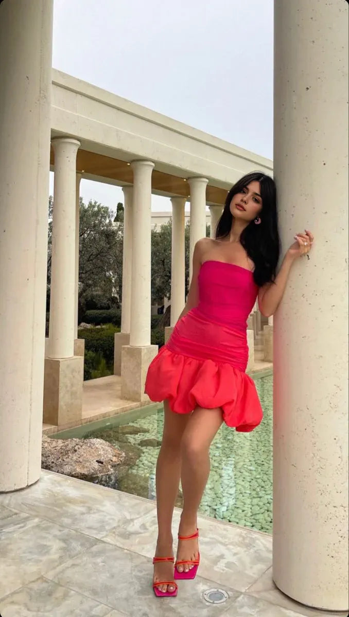 Sweet Pink Tulle Pleated Strapless Tube Top Flower Bud 17th Birthday Homecoming Dress