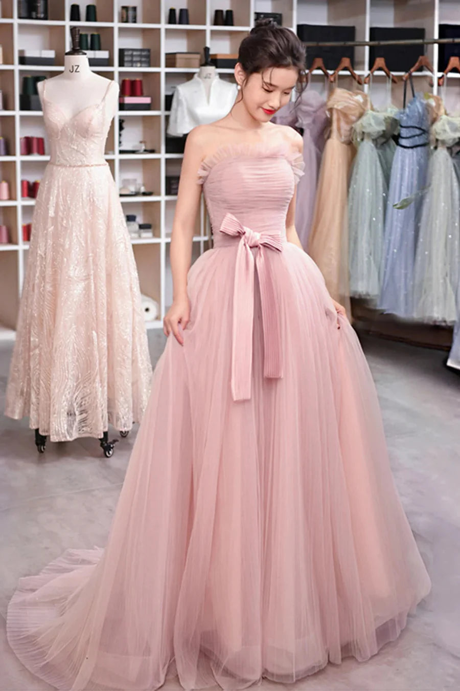 Sweet Pink Tulle Strapless Long Prom Dress A-Line Evening Dress Discount Long Party Dresses