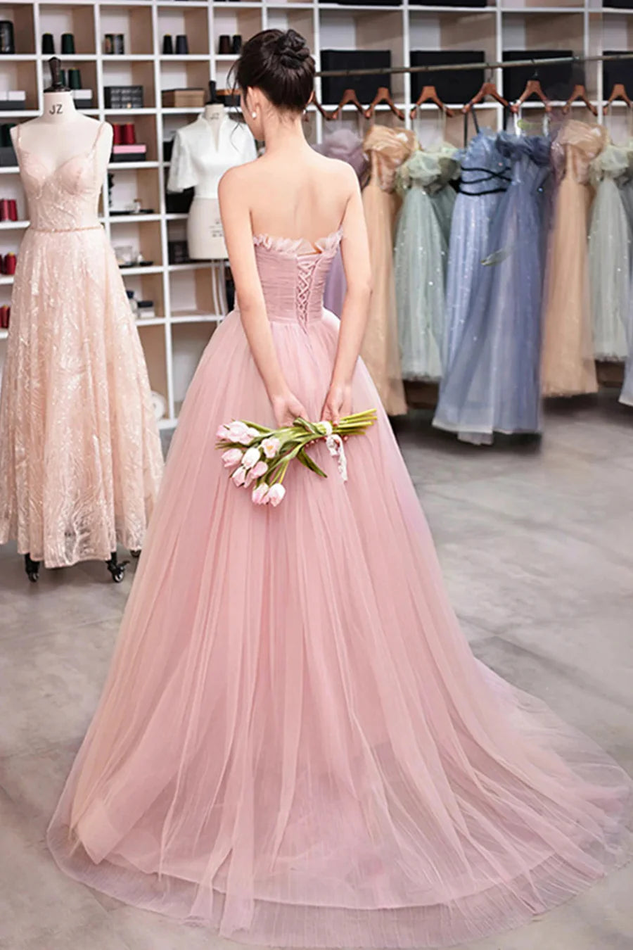 Sweet Pink Tulle Strapless Long Prom Dress A-Line Evening Dress Discount Long Party Dresses